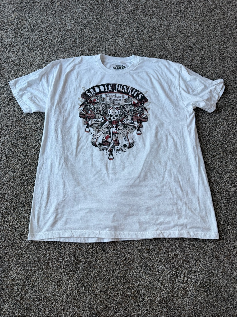 Cowboy Up Saddle Junkies Leather Cycle Shop Graphic Tee 2XL Biker Skull